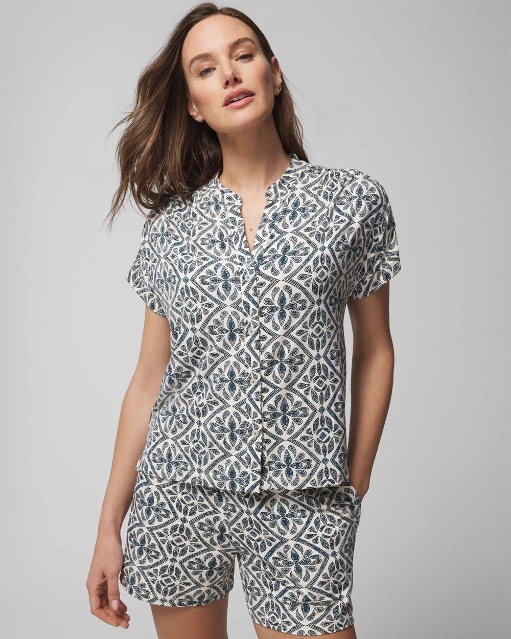ポワ pois Splash setup tops ネイビー　Sサイズ Short-Sleeve Button-Front Pajama Top | Soma